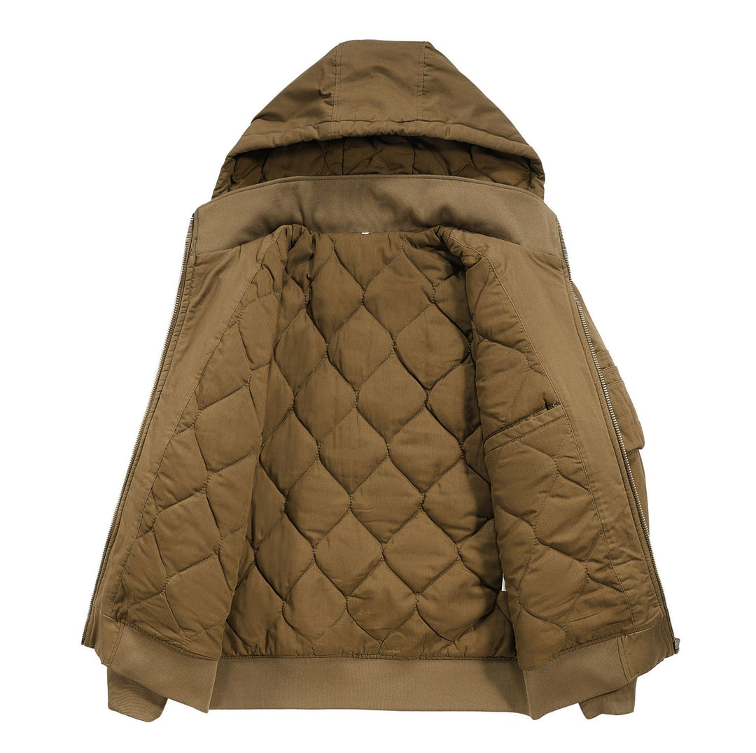 Herren Isolierte Kapuzen‑Bomberjacke mit gesteppter Thermofütterung und Ärmel‑Utilitytasche Drune