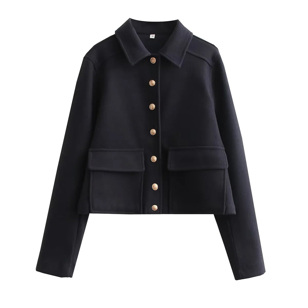 Damen nan kurzer Wollmix Overshirt mit aufgesetzten Klappentaschen und Zierknopfleiste Drune