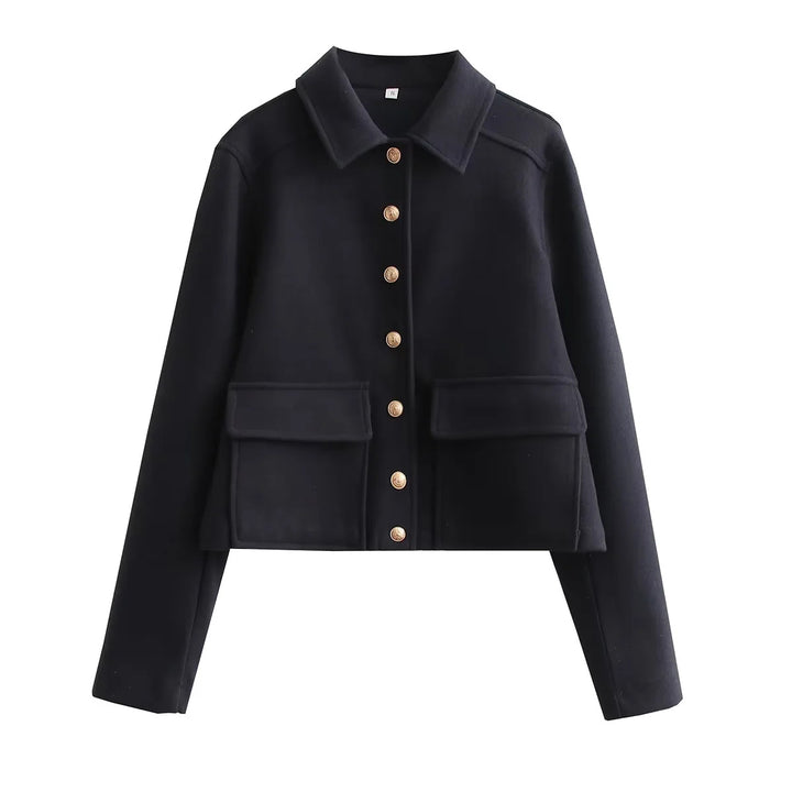 Damen nan kurzer Wollmix Overshirt mit aufgesetzten Klappentaschen und Zierknopfleiste Drune