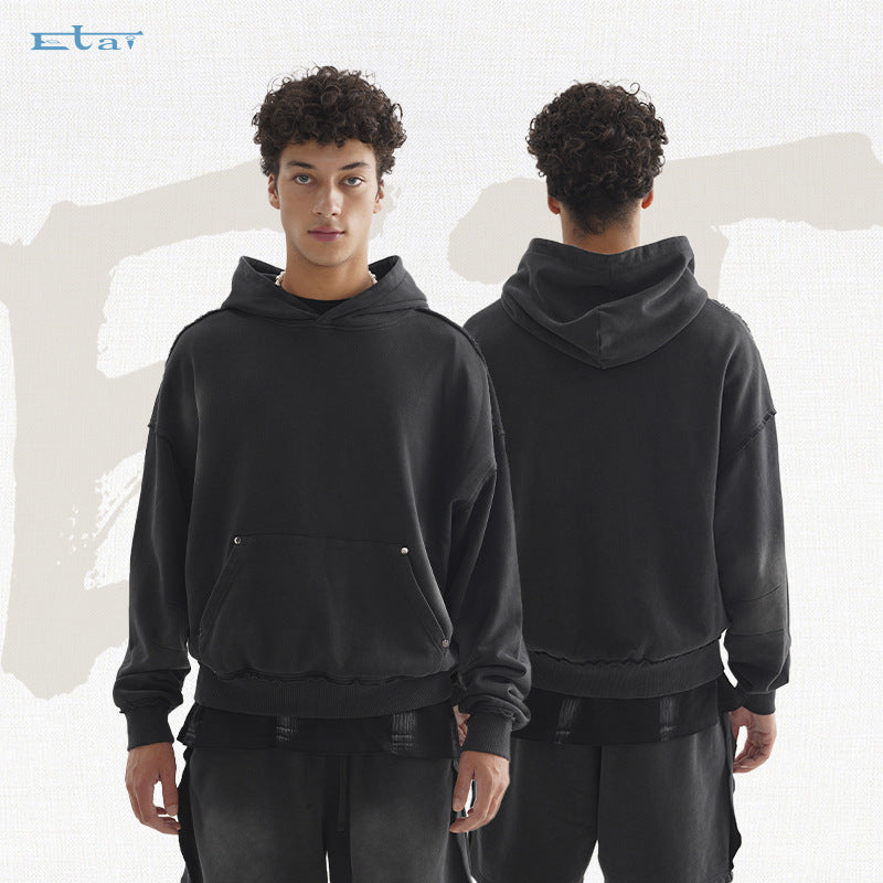 Unisex Oversized Kapuzenpullover mit ausgefranstem Saum, Kängurutasche und verwaschenem Bleicheffekt Drune