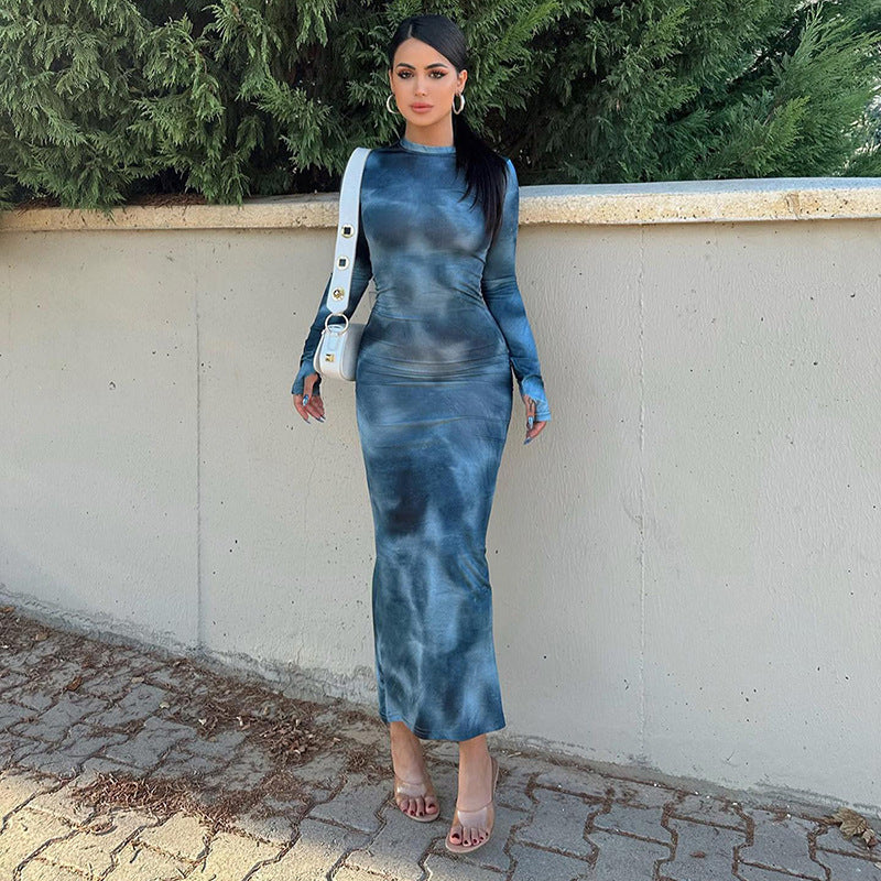 Damen Elegantes figurbetontes Maxikleid mit langem Arm und raffinierten Drapierungen Drune