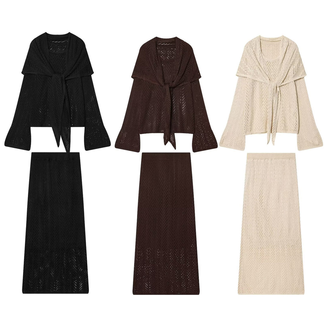 Damen Ajourstrick-Set mit offener Cardigan und Midirock Drune