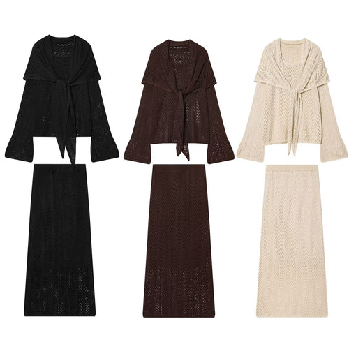Damen Ajourstrick-Set mit offener Cardigan und Midirock Drune