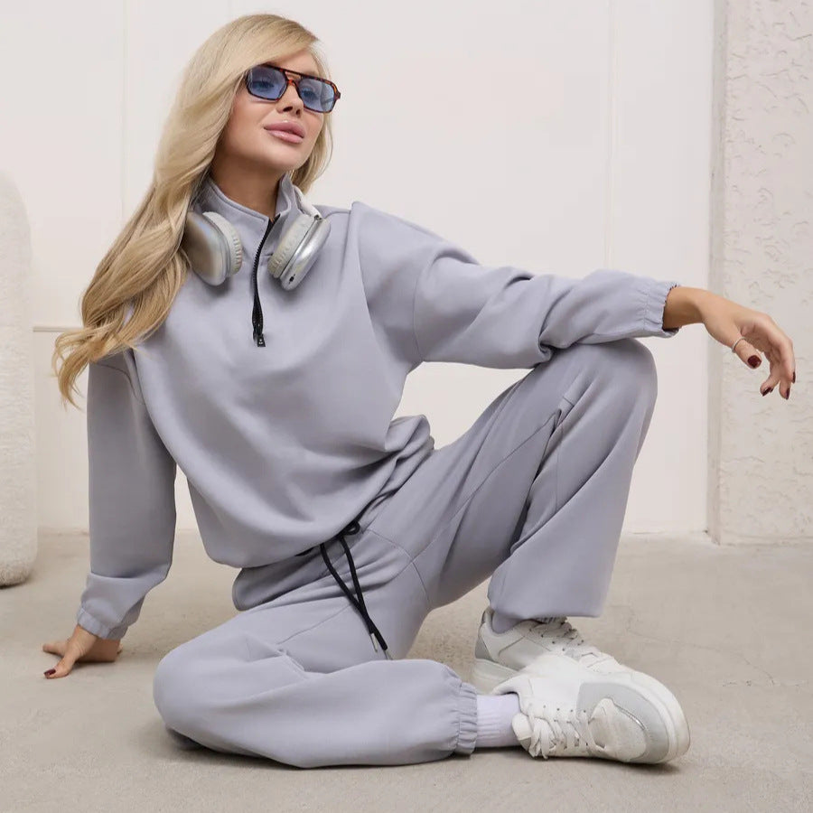Damen weiches Lounge-Set mit halbem Reißverschluss, Kordelzughose und elastischen Bündchen Drune