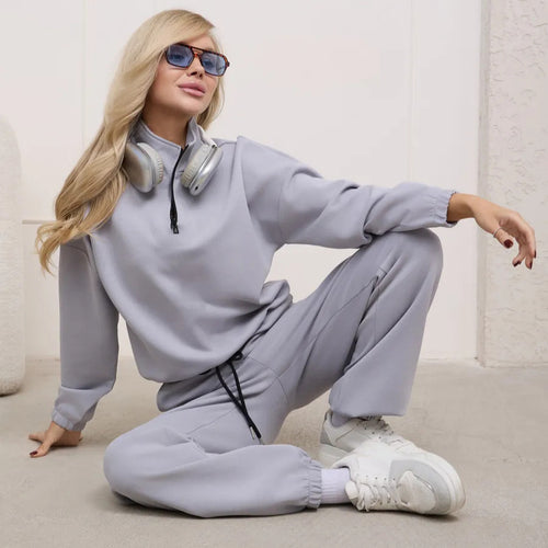 Damen weiches Lounge-Set mit halbem Reißverschluss, Kordelzughose und elastischen Bündchen Drune