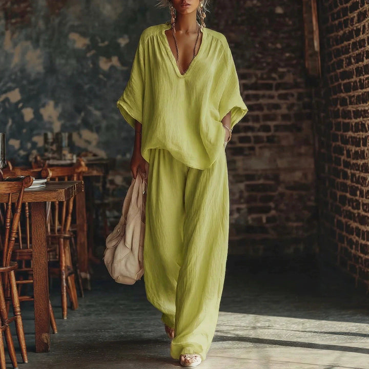 Damen nan lässiges zweiteiliges Leinenoptik-Set mit tiefem V-Ausschnitt, Oversize-Bluse und weitem Palazzo-Hosen Drune