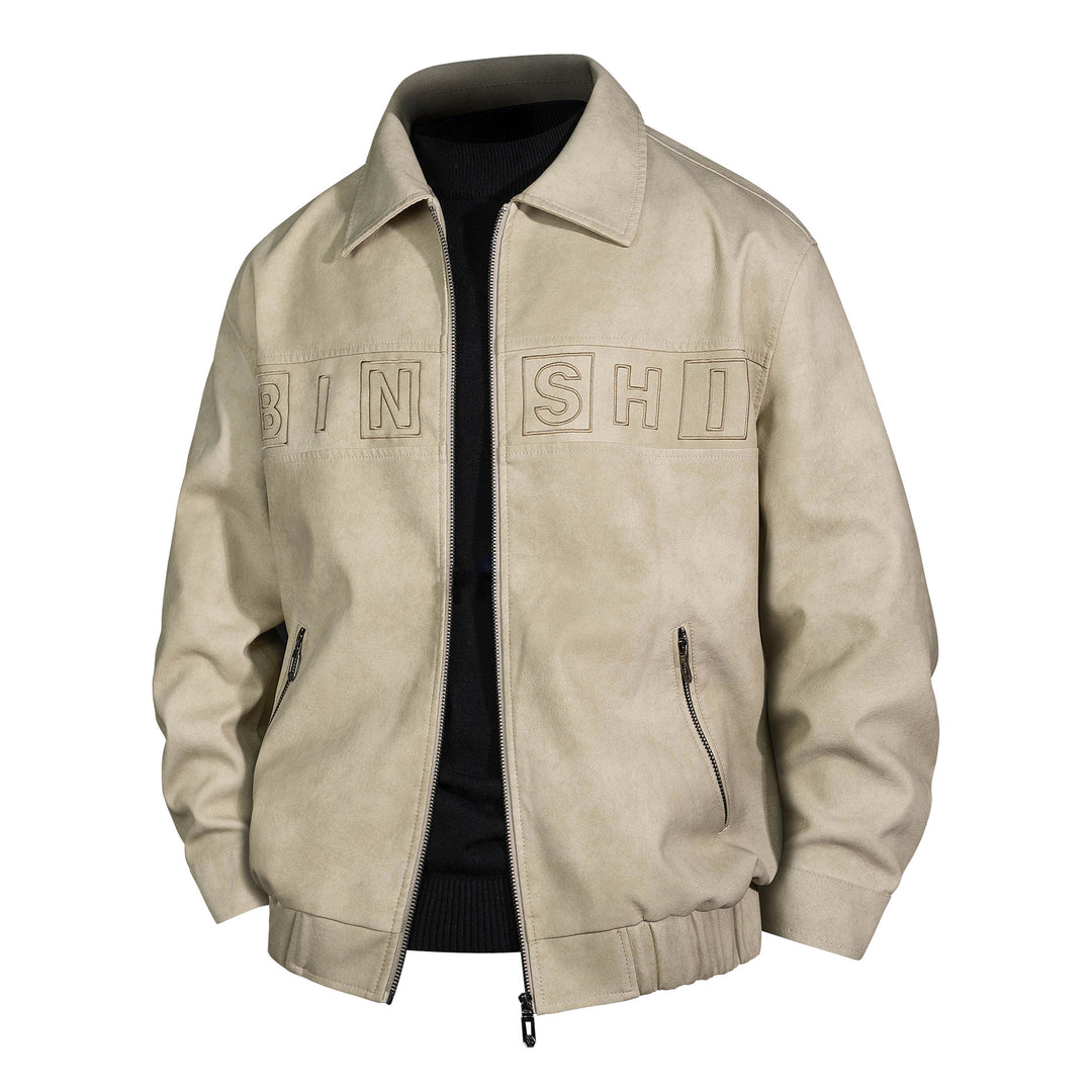 Herren Veloursleder-Optik Bomberjacke mit aufgesetztem Logo und Reißverschluss Drune
