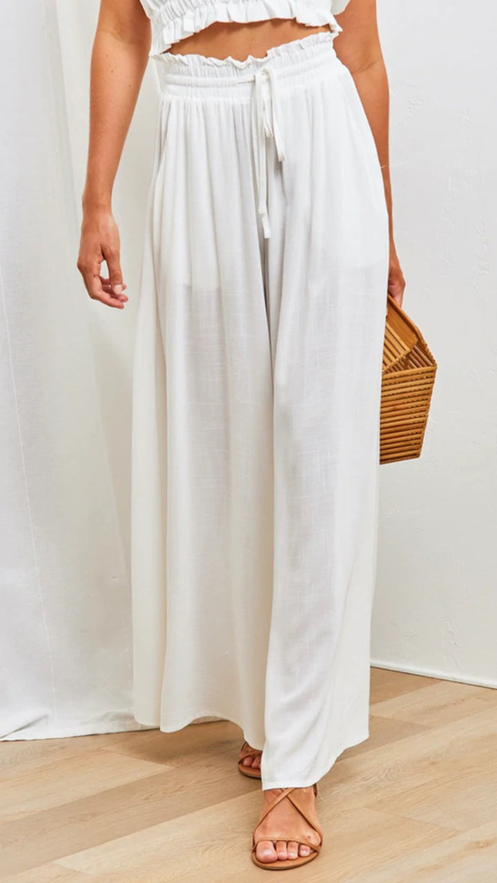 Frauen Hohe Taille Rüschen Elastischer Bund Weite Bein Strand Palazzo Hose mit Zugband und Seitentaschen Drune
