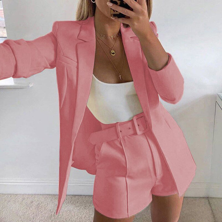 Damen Taillierter Longline-Blazer mit hochtaillierten Gürtelshorts-Set Drune