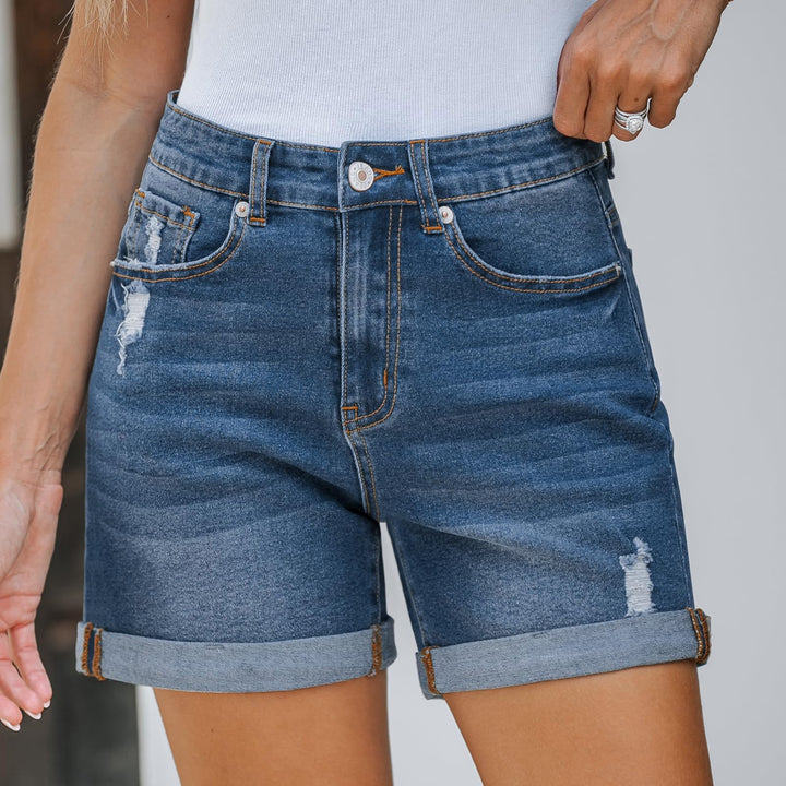 Damen Destroyed Denim-Shorts mit hohem Bund und ausgefranstem Saum Drune