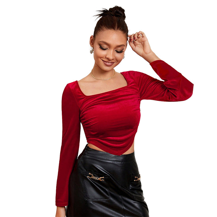 Damen Samt-Cropped-Top mit quadratischem Ausschnitt, seitlicher Raffung und Glockenärmeln Drune