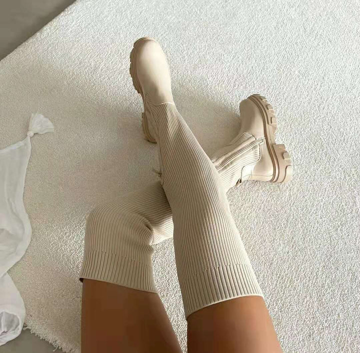 Damen knielange Strickschaft-Chelsea-Boots mit kontrastfarbiger Profilsohle Drune
