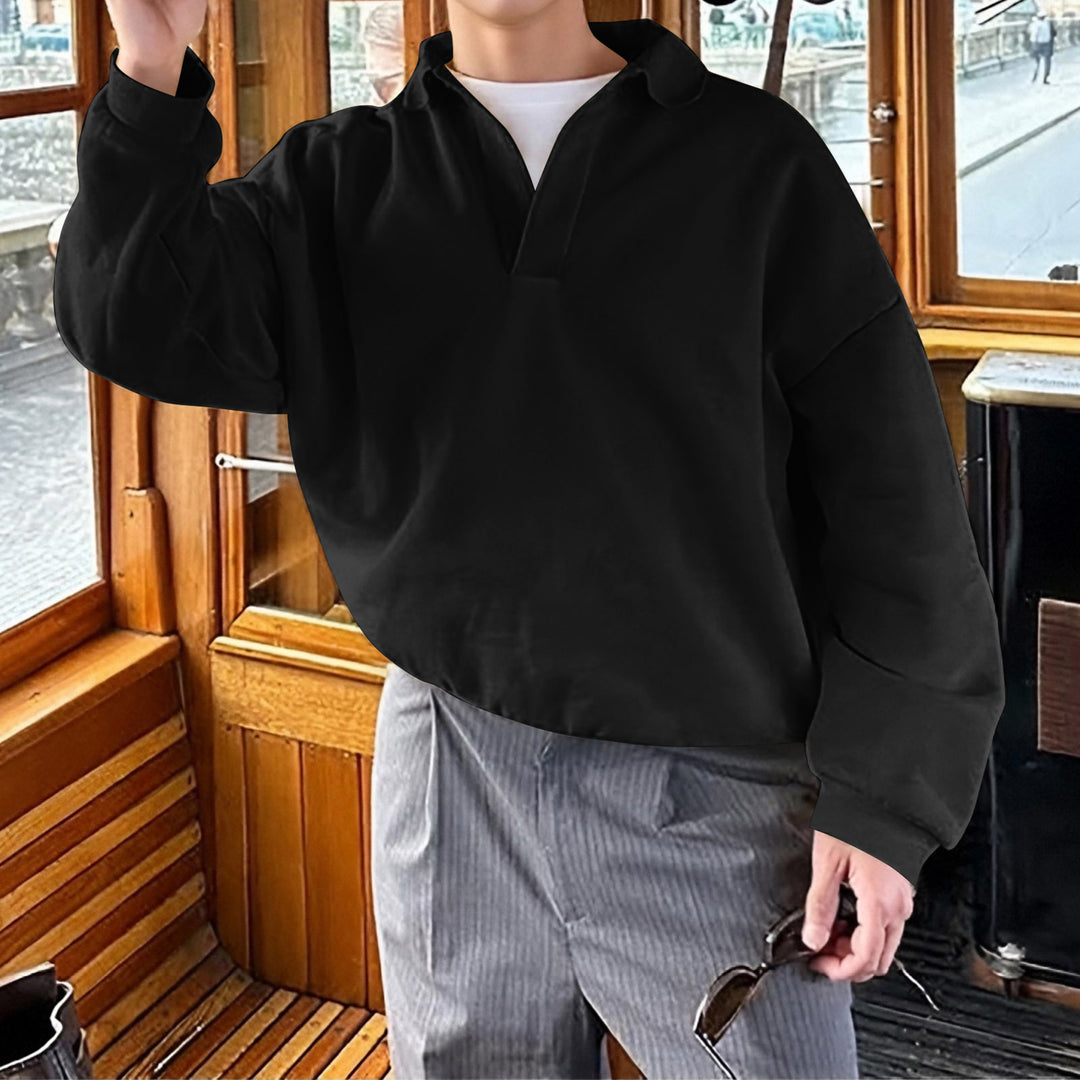Unisex nan locker geschnittener V-Ausschnitt-Sweatpullover mit Hemdkragen aus Baumwollfleece Drune
