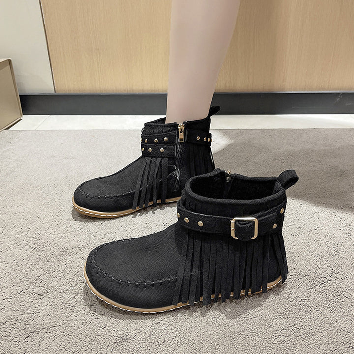 Damen nan Fransen-Ankleboot im Mokassinstil mit Ziernieten, Schnallenriemen und seitlichem Reißverschluss Drune