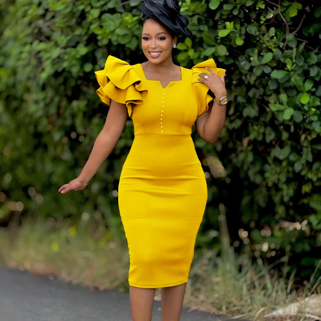 Damen figurbetontes Midi-Kleid mit voluminösen Rüschärmeln und Perlendetails Drune