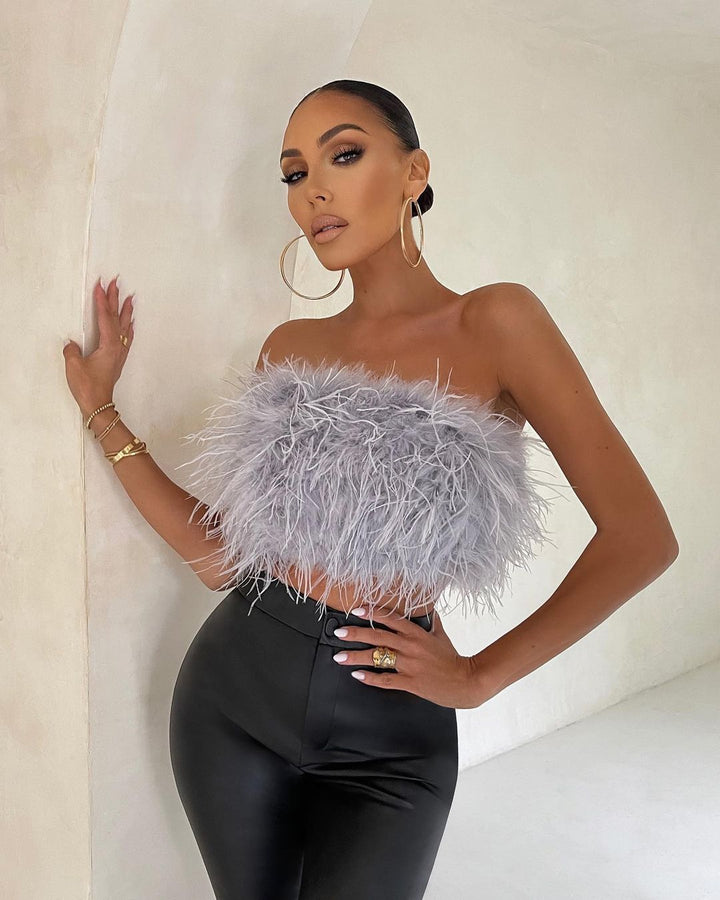 Damen Glamouröses Plüsch-Top mit abnehmbaren Trägern und fransigen Details Drune