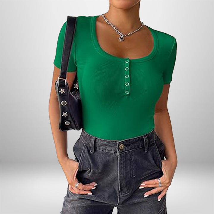 Damen Kurzarm Bodysuit mit Knopfdetails und figurbetonter Silhouette Drune