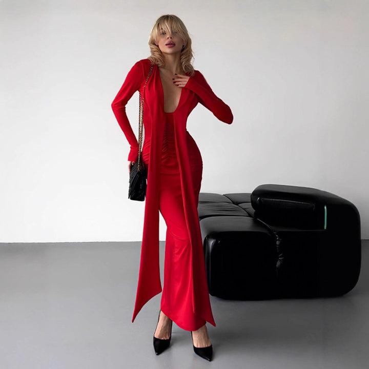 Damen Elegantes Maxikleid mit tiefem V-Ausschnitt und seitlichem Schlitz Drune