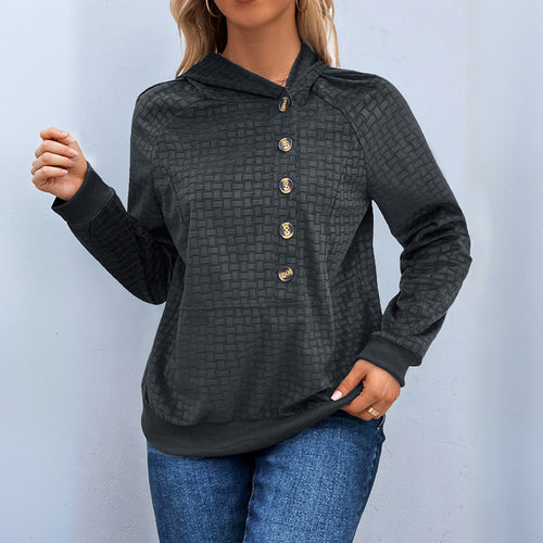 Damen Texturiertes Kapuzen-Henley-Pullover mit Knopfleiste und Kängurutasche Drune