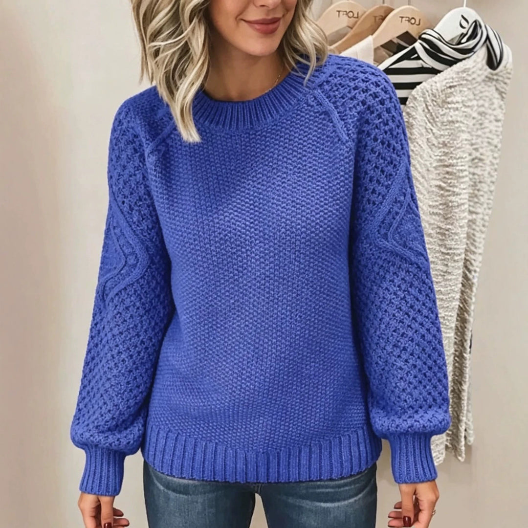 Damen Grobgestrickter Rundhals-Pullover mit Ajour- und Zopfmusterärmeln Drune