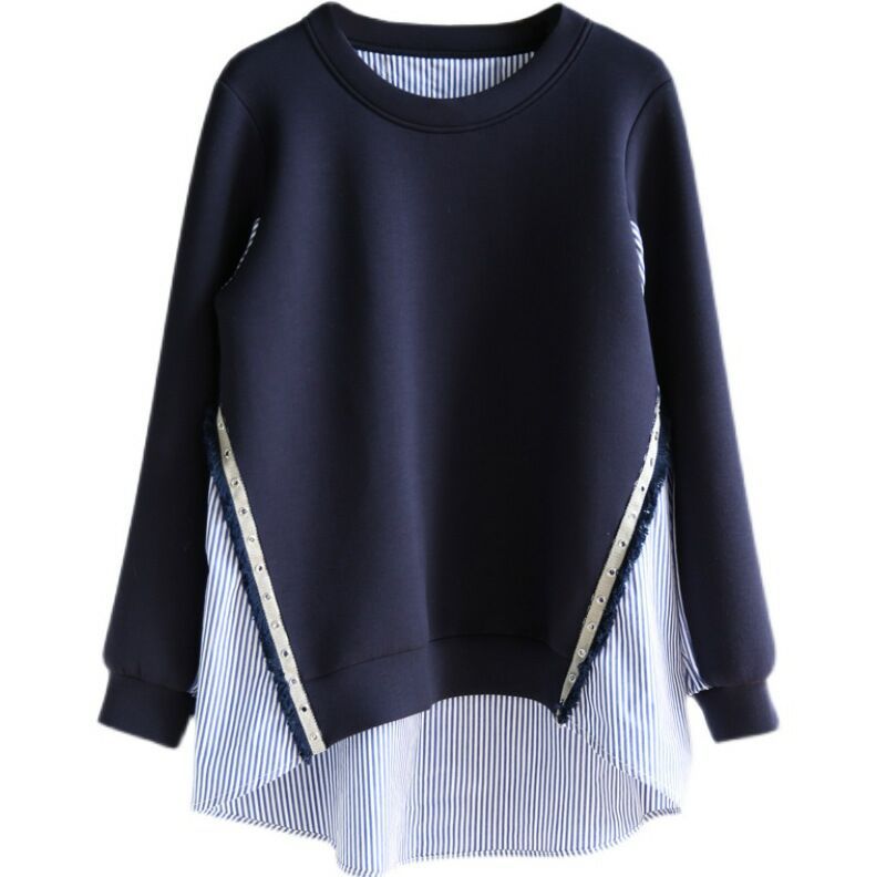 Damen nan Lagenlook-Sweatshirt mit gestreiftem Hemdsaum, Zierriegeln und verlängertem Rückteil Drune