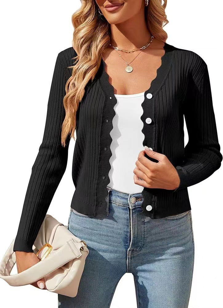 Damen elegante Strickjacke mit Wellenkante Drune