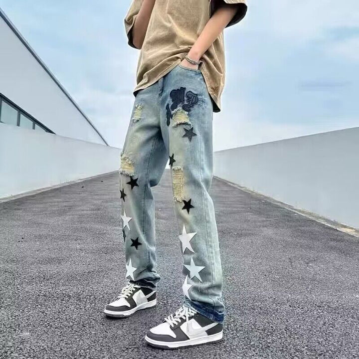 Herren Lässige Distressed Jeans mit Sternenapplikationen Drune