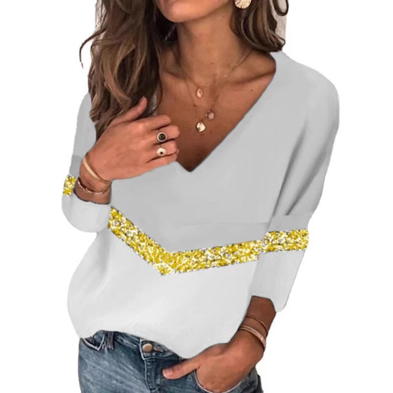 Damen Stylischer V-Ausschnitt Feinstrickpullover mit Glitzerband und Colorblock-Einsatz Drune