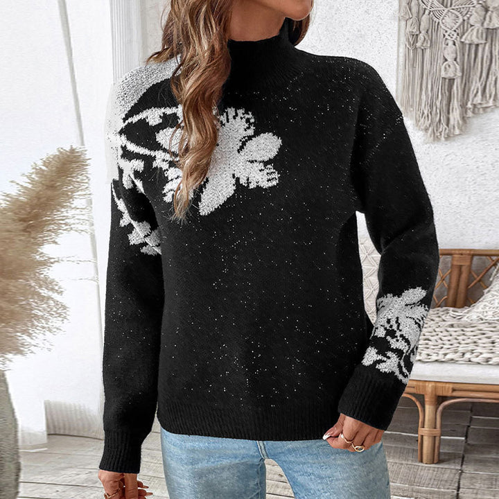 Damen Floraler Intarsia-Strickpullover mit Stehkragen und lockerer Silhouette Drune