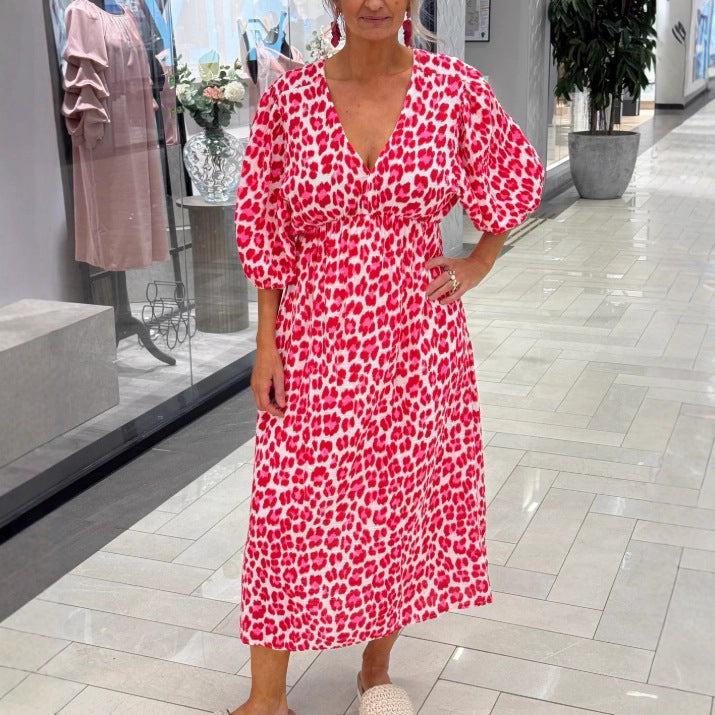 Damen nan Maxikleid mit tiefem V-Ausschnitt, voluminösen Puffärmeln und smockierter Taillennaht Drune
