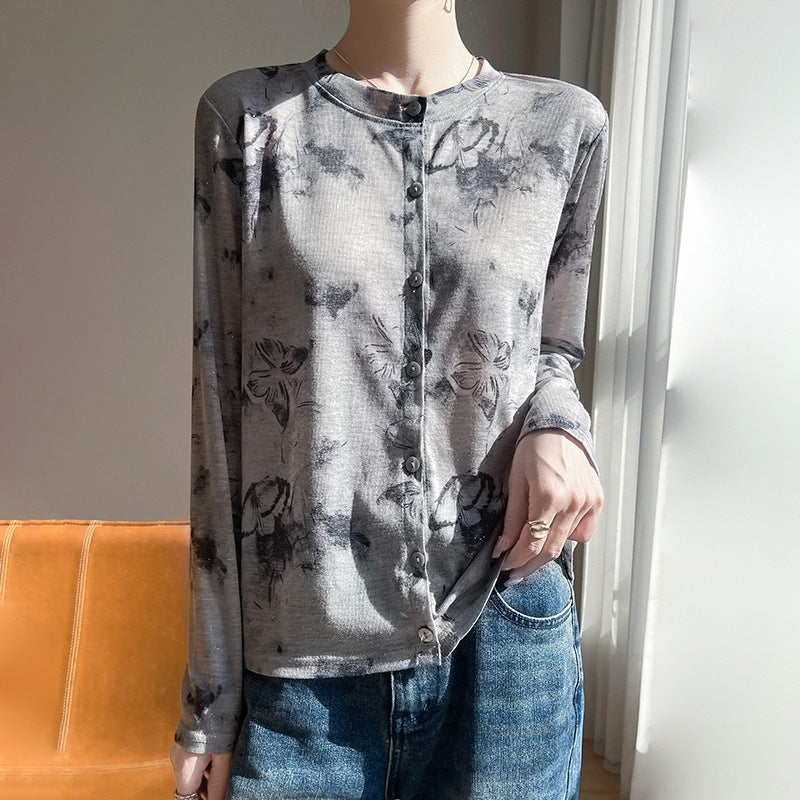 Damen Leichter Aquarell‑Print Feinstrick‑Cardigan mit Rundhalsausschnitt und Knopfleiste Drune