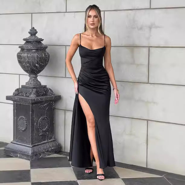 Damen Elegantes Maxikleid mit seitlichem Schlitz und schmalen Spaghettiträgern Drune