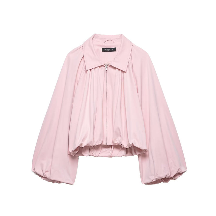 Damen Cropped-Blouson mit Ballonärmeln, Hemdkragen und elastischem Saum Drune