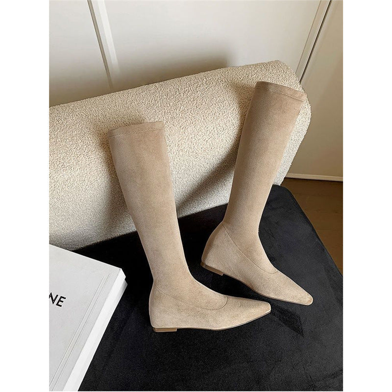 Damen Kniehohe Stretch‑Stiefel mit spitzer Zehenpartie und integriertem Keilabsatz Drune