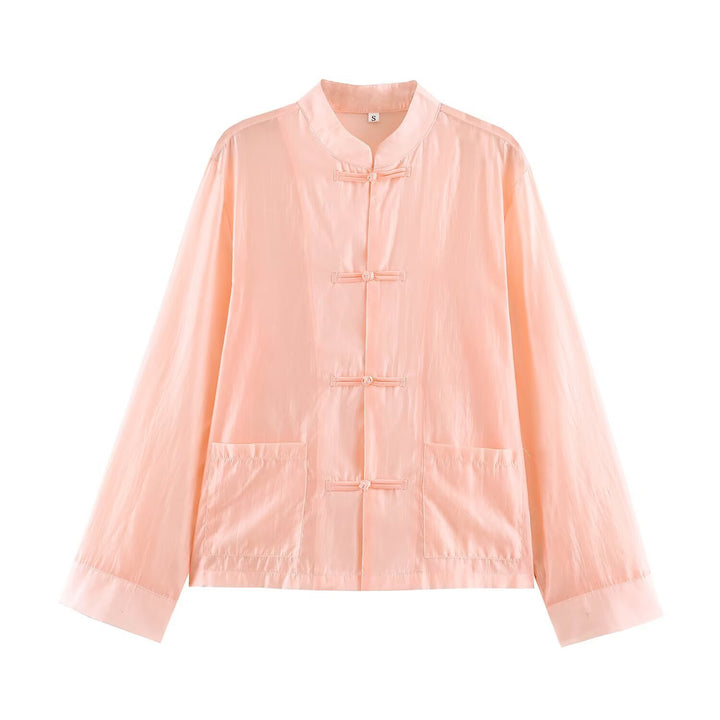 Damen Leichte chinesisch-inspirierte Oversize-Jacke mit Mandarinkragen und Knotenverschlüssen Drune