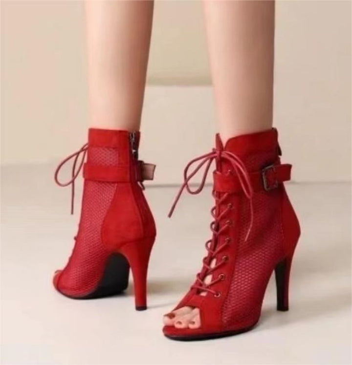 Damen Netz-Stiefeletten mit eleganter Schnürung und hohem Absatz Drune