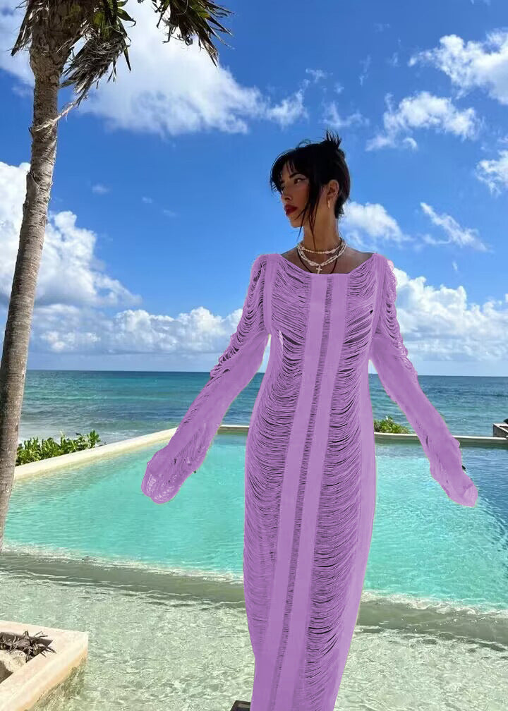Damen elegantes Strandkleid mit raffinierten Fransen und transparenten Elementen Drune