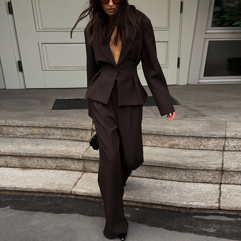 Damen eleganter Hosenanzug mit tailliertem Blazer und weitem Bein Drune