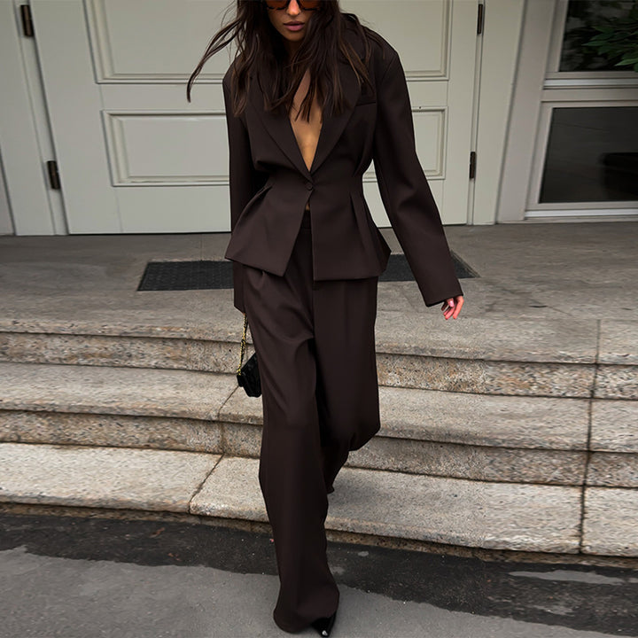 Damen eleganter Hosenanzug mit tailliertem Blazer und weitem Bein Drune
