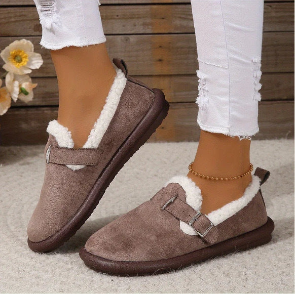 Damen Gefütterte Wildleder‑Optik Hausschuhe-Mules mit Teddyfutter und verstellbarem Riemen Drune