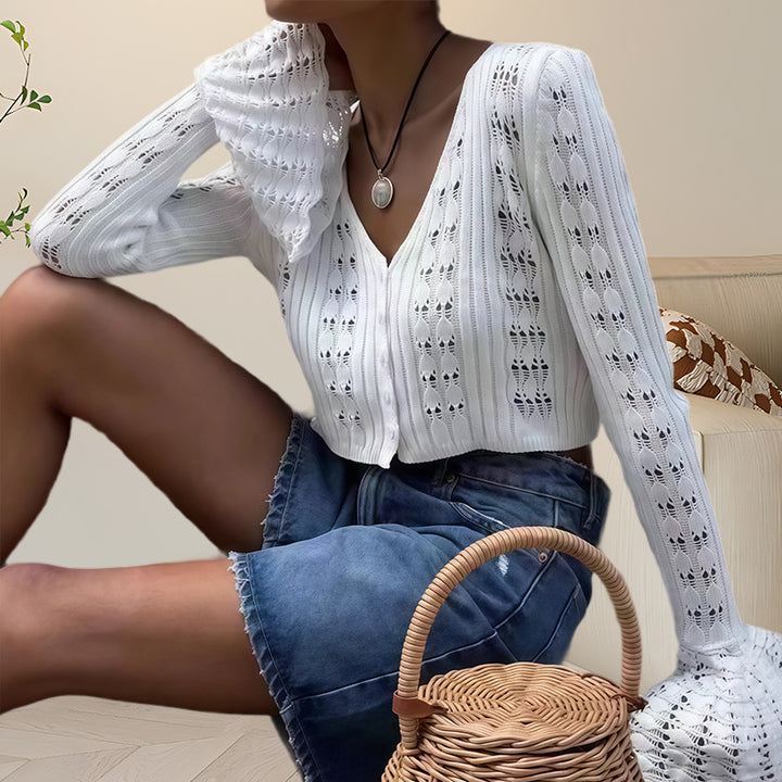 Damen Strickoberteil mit Lochmuster und weitem Ärmel Drune