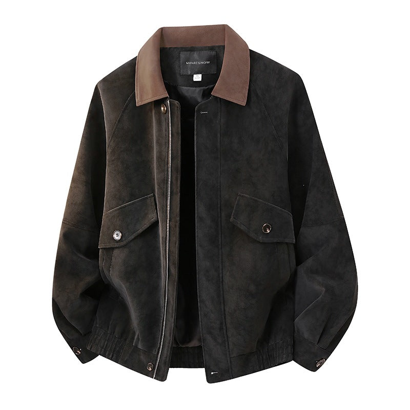 Herren Kurzjacke im Vintage-Arbeiterstil aus Velours‑Optik mit Pattentaschen und elastischem Saum Drune