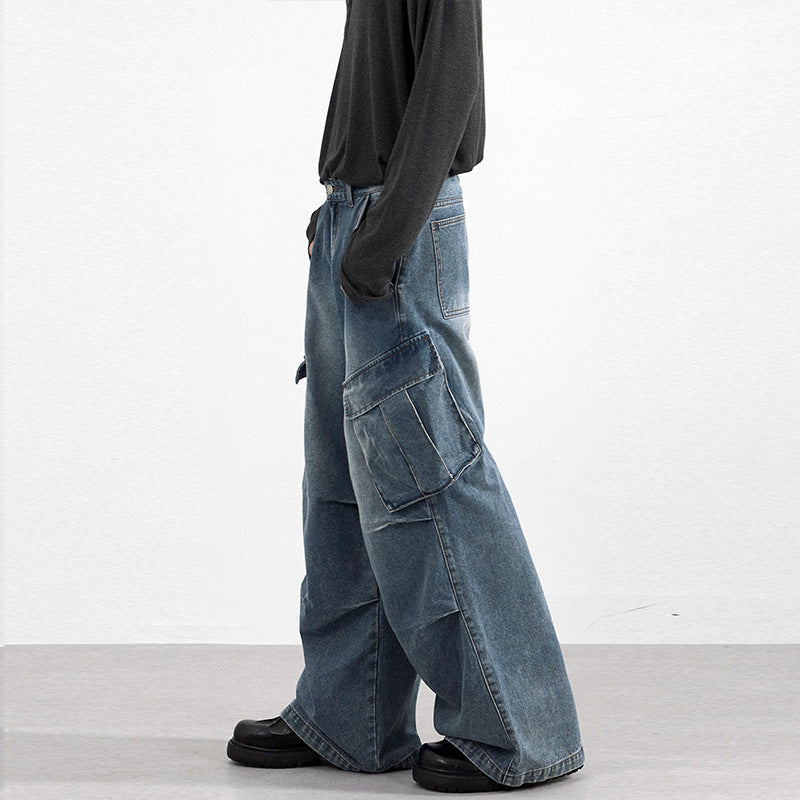 Herren Extraweite Paneel-Denim-Cargohose im weiten Baggy-Cut mit Kniepaneelen Drune