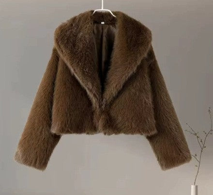 Damen Cropped Kunstpelz-Kurzjacke mit extravoluminösem Schalkragen Drune