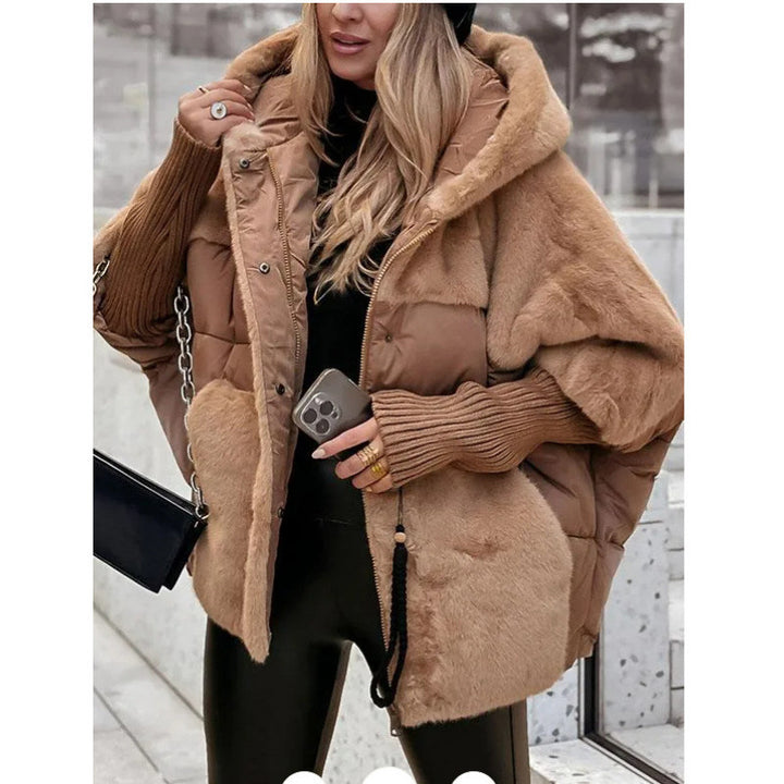 Damen nan gesteppte Kurzjacke mit Teddyfell-Einsätzen, Kapuze und integrierten Rippbündchen Drune