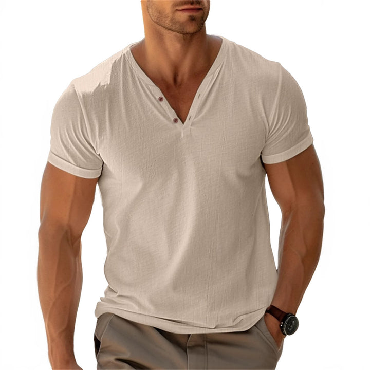 Herren nan tailliertes Henley-T-Shirt mit V-Ausschnitt kurzer Knopfleiste und krempelbaren Ärmeln Drune