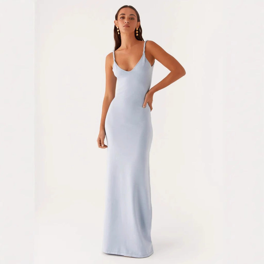 Damen Elegantes Maxirockkleid mit tiefem V-Ausschnitt und feinen Trägern Drune