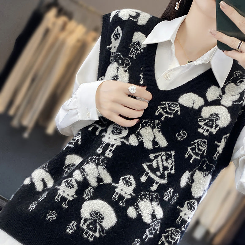 Damen Oversize-Strickweste mit V‑Ausschnitt und verspieltem Jacquard‑Motiv Drune