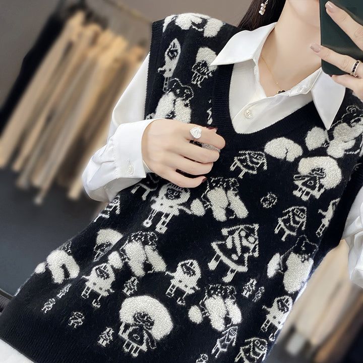 Damen Oversize-Strickweste mit V‑Ausschnitt und verspieltem Jacquard‑Motiv Drune