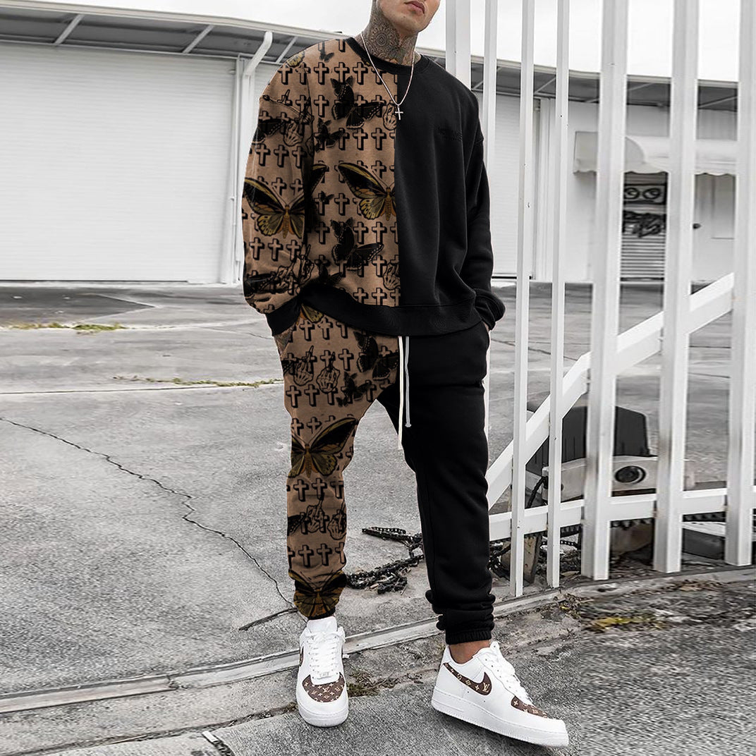 Herren Weit geschnittenes Freizeit-Set aus Baumwollfleece mit grafischem Frontprint und Kordel-Jogger Drune